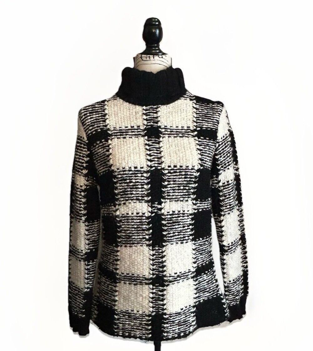 Vintage Talbots Black White Chunky Textured Plaid Turtleneck Wool Sweater Medium